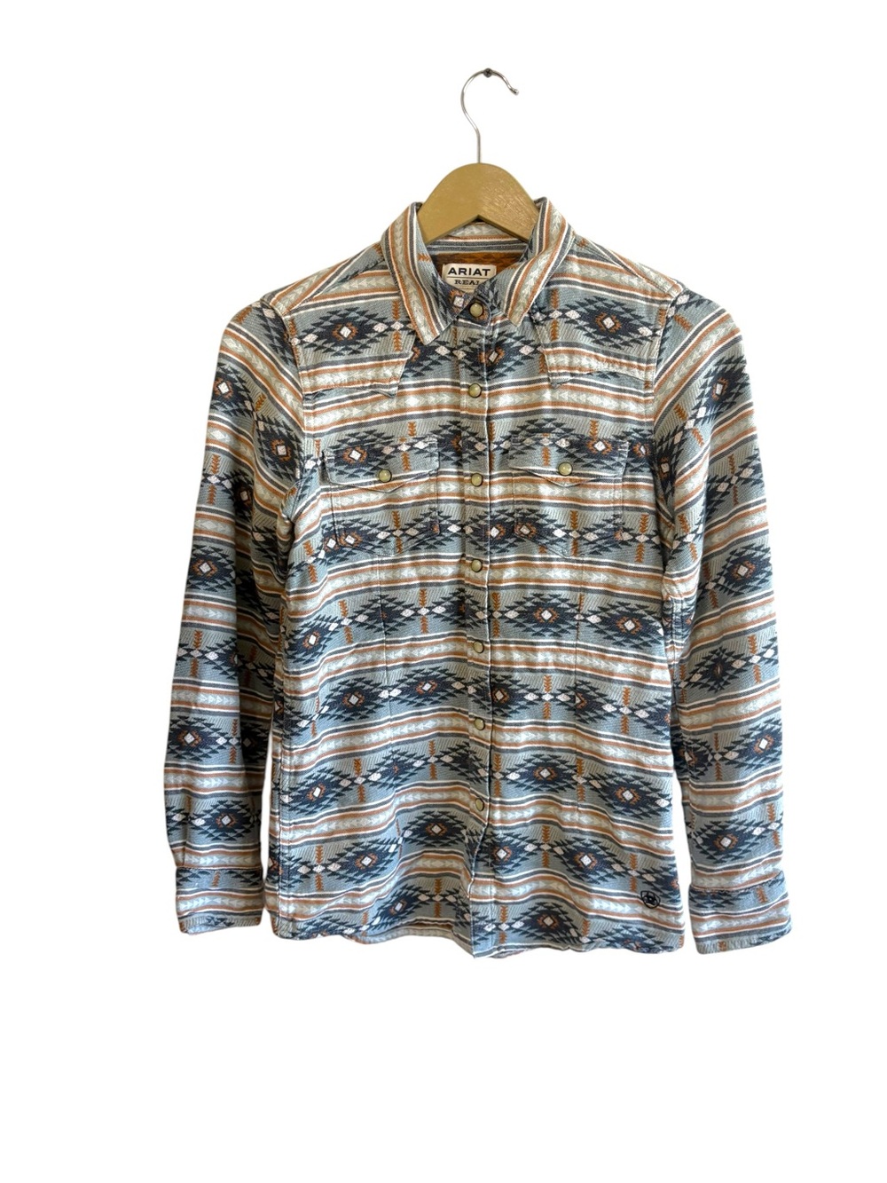 Ariat REAL Women’s Small Blue Orange Aztec Southwestern Pearl Snap Shirt Western